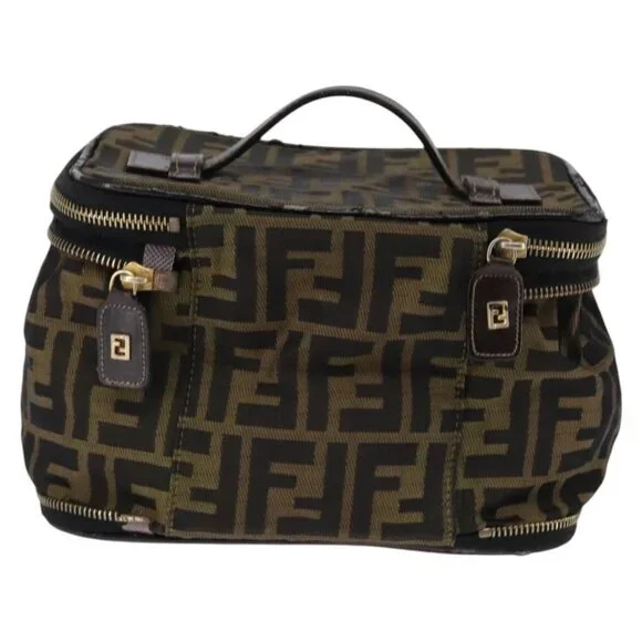 FENDI Zucca Canvas Vanity Pouch Black Brown gold Auth 145319